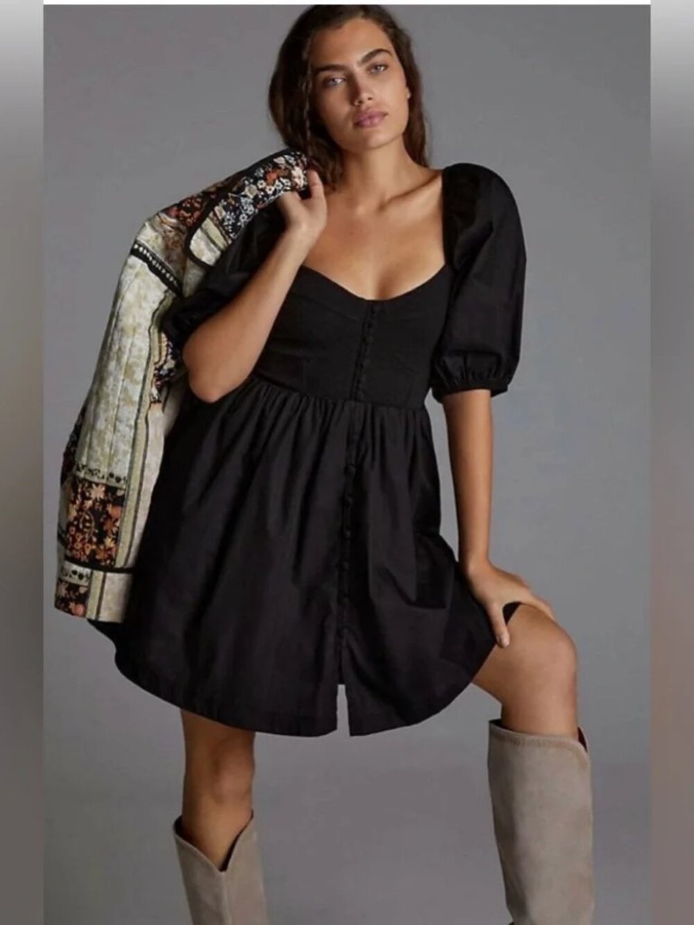 Maeve Anthropologie Black Puff Sleeve Smocked Mini Dress Boho Milkmaid Sz S